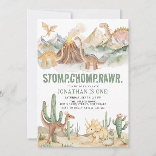 Stomp Chomp Rawr Boy Dinosaur 1st Birthday Party Kaart (Voorkant)