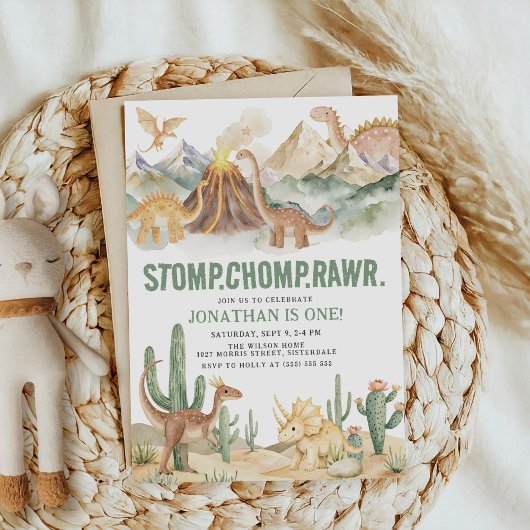 Stomp Chomp Rawr Boy Dinosaur 1st Birthday Party Kaart