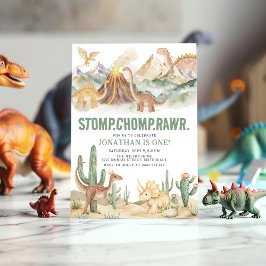 Stomp Chomp Rawr Boy Dinosaur 1st Birthday Party Kaart
