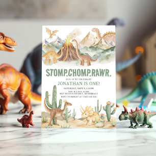 Stomp Chomp Rawr Boy Dinosaur 1st Birthday Party Kaart