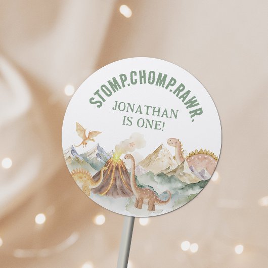 Stomp Chomp Rawr Boy Dinosaur 1st Birthday Party Ronde Sticker