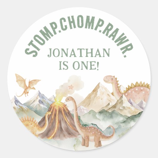 Stomp Chomp Rawr Boy Dinosaur 1st Birthday Party Ronde Sticker (Voorkant)