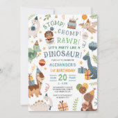Stomp Chomp Rawr Dinosaur 1e Verjaardagsfeestje Jo Kaart (Voorkant)
