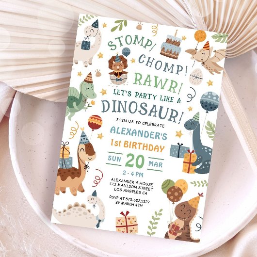 Stomp Chomp Rawr Dinosaur 1st Birthday Party Boy Kaart