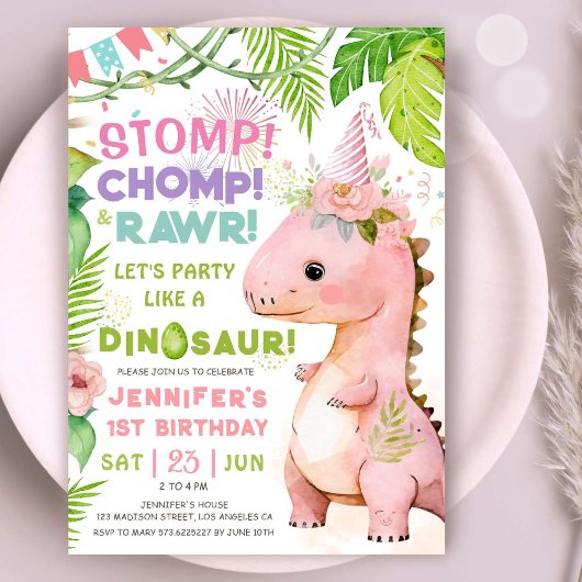Stomp Chomp Rawr! Dinosaurus 1e Verjaardag Party M Kaart