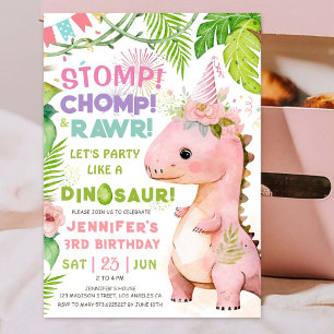 Stomp Chomp Rawr! Dinosaurus 3e verjaardag meisje Kaart