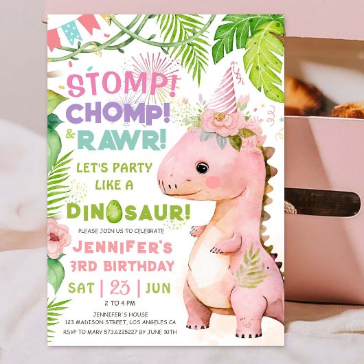Stomp Chomp Rawr! Dinosaurus 3e verjaardag meisje  Kaart