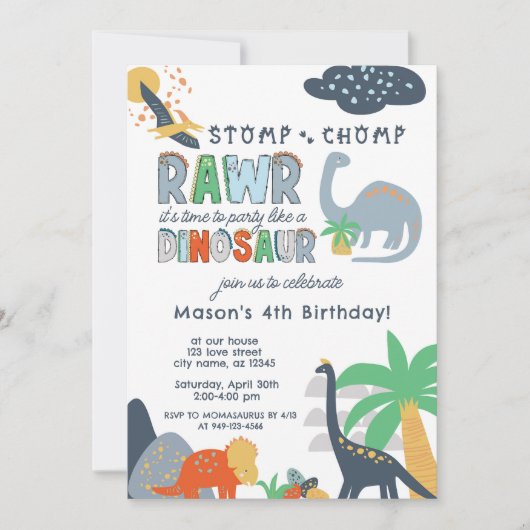 Stomp Chomp Rawr Dinosaurus Verjaardag uitnodiging (Voorkant)