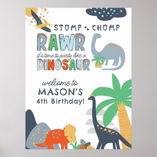 Stomp Chomp Rawr Dinosaurus Verjaardag Welkomstbor Poster (Voorkant)