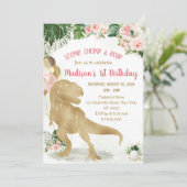 Stomp, Chomp, Road Dinosaur Gold Pink Birthday Kaart (Staand voorkant)