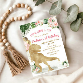 Stomp, Chomp, Road Dinosaur Gold Pink Birthday Kaart