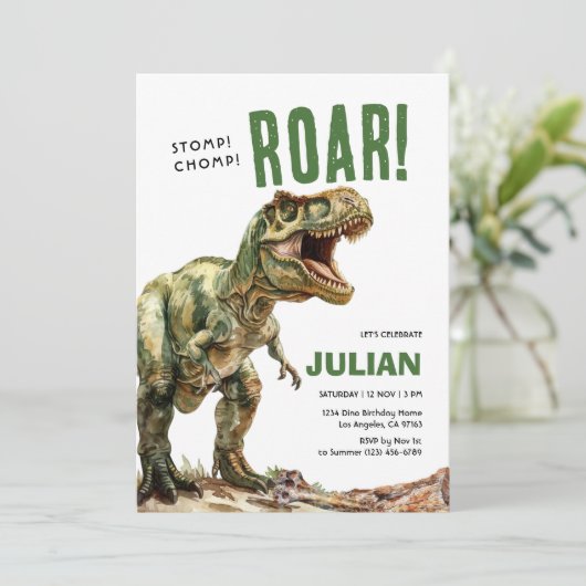 Stomp Chomp Roam Tyrex Verjaardag Kaart (Staand voorkant)