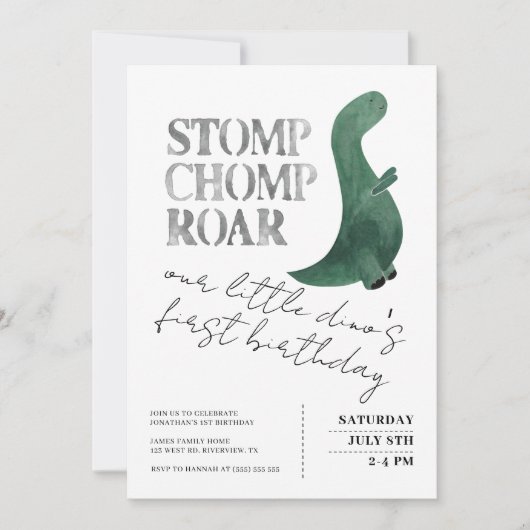 Stomp Chomp Roar Baby Boy Dinosaur First Birthday Kaart (Voorkant)