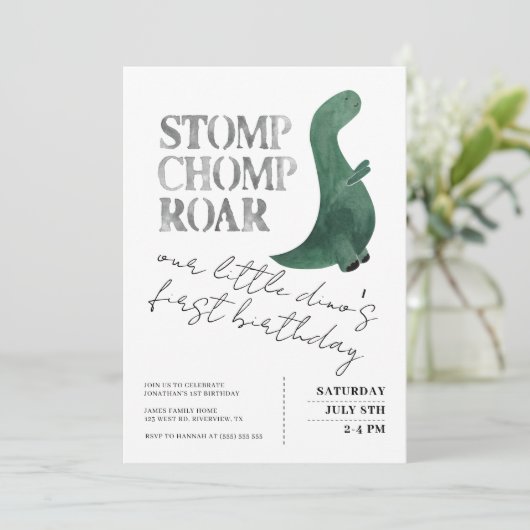 Stomp Chomp Roar Baby Boy Dinosaur First Birthday Kaart (Staand voorkant)