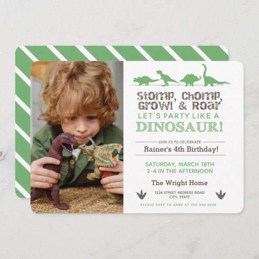 Stomp Chomp ROAR Birthday Dinosaur Download Green Kaart (Voorkant / Achterkant)