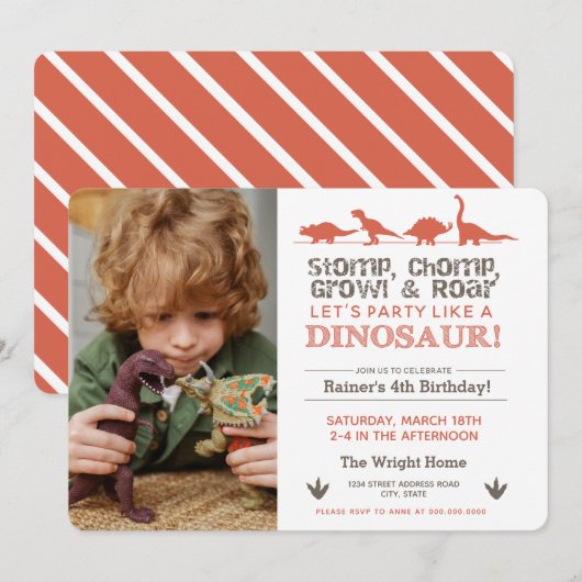 Stomp Chomp ROAR Birthday Dinosaur Download Paars Kaart (Voorkant / Achterkant)