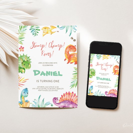 'Stomp Chomp Roar' Dino Uitnodiging voor verjaarda