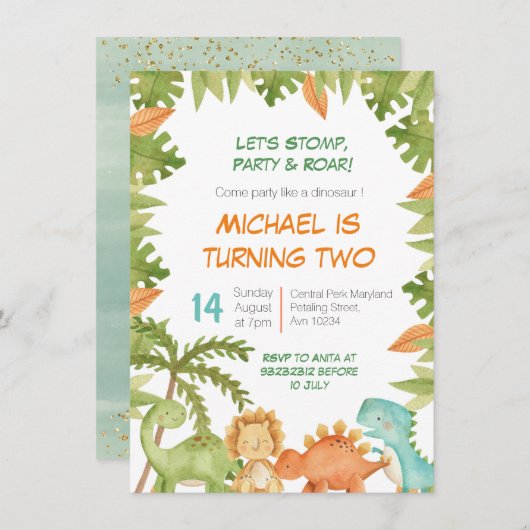 Stomp Chomp Roar Dino verjaardagsuitnodiging Kaart (Voorkant / Achterkant)