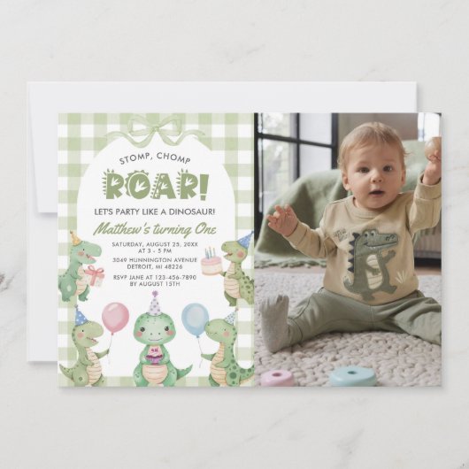 Stomp Chomp Roar Dinosaur 1e verjaardag foto Kaart (Voorkant)