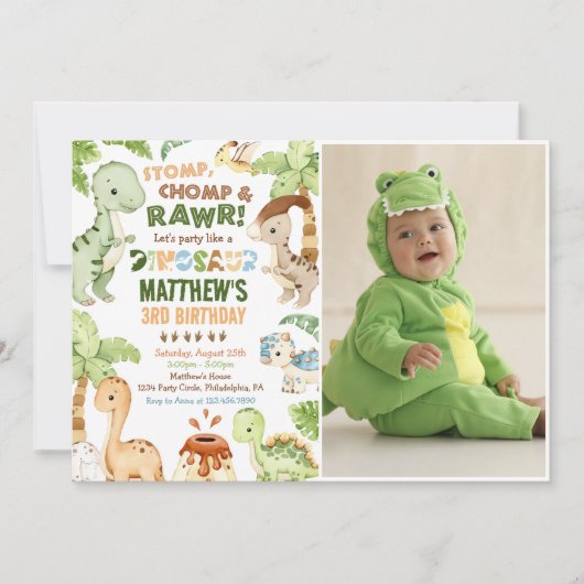 Stomp Chomp Roar Dinosaur 3e verjaardag foto Kaart (Voorkant)