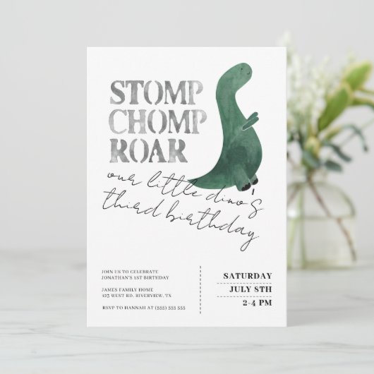 Stomp Chomp Roar Dinosaur 3rd Birthday Party Boy Kaart (Staand voorkant)