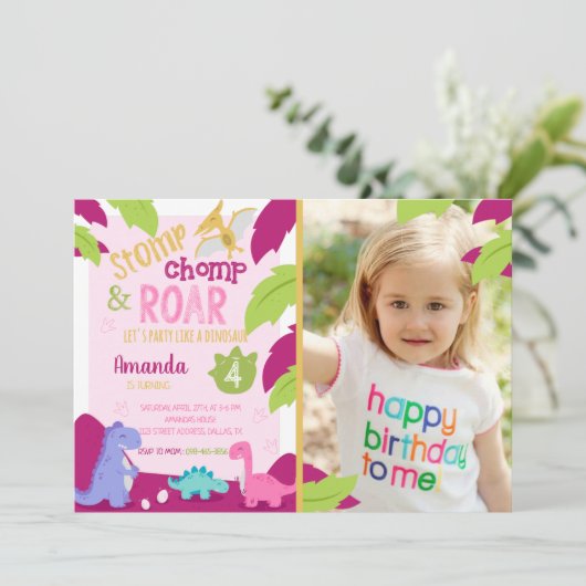 Stomp, Chomp & Roar Dinosaur Birthday Uitnodiging (Staand voorkant)