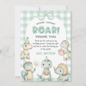 Stomp Chomp Roar Dinosaur Gingham 1e verjaardag Bedankkaart (Voorkant)
