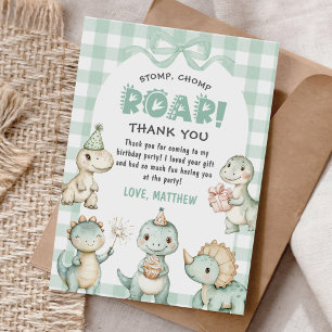 Stomp Chomp Roar Dinosaur Gingham 1e verjaardag Bedankkaart