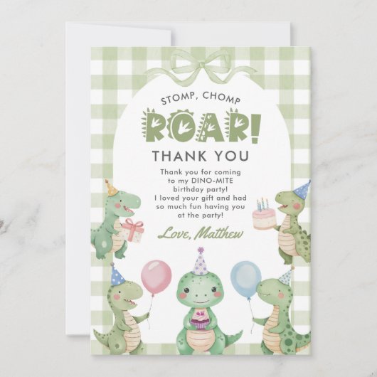 Stomp Chomp Roar Dinosaur Gingham 1e verjaardag Bedankkaart (Voorkant)