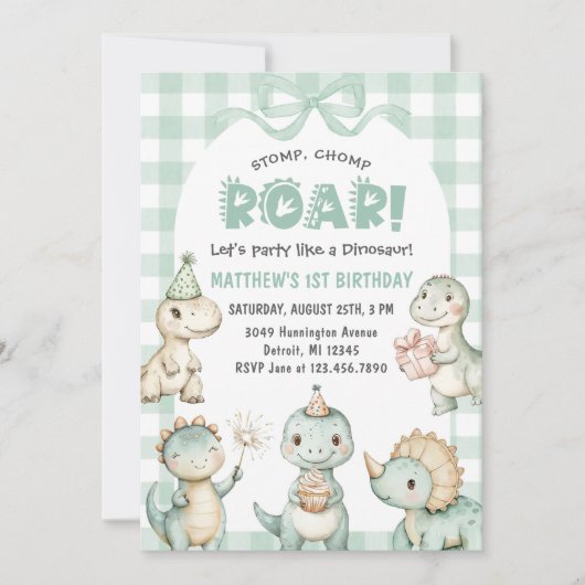 Stomp Chomp Roar Dinosaur Gingham 1e verjaardag Kaart (Voorkant)