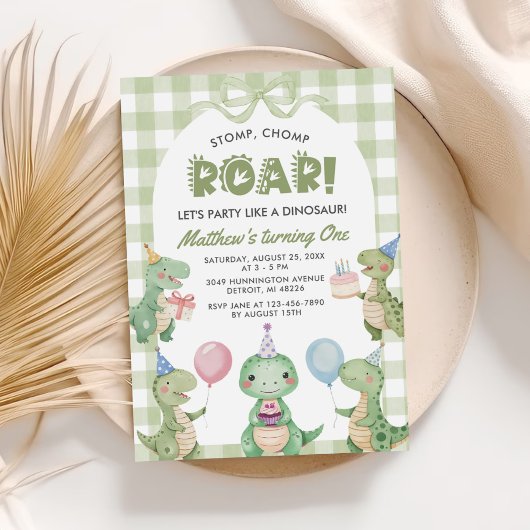 Stomp Chomp Roar Dinosaur Gingham 1e verjaardag Kaart