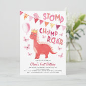 Stomp Chomp Roar Dinosaur Girl 1st Birthday Kaart (Staand voorkant)