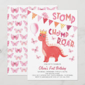 Stomp Chomp Roar Dinosaur Girl 1st Birthday Kaart (Voorkant / Achterkant)