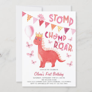 Stomp Chomp Roar Dinosaur Girl 1st Birthday Kaart