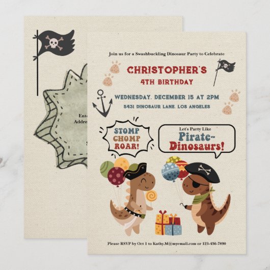 Stomp Chomp Roar Dinosaur Pirate Boy Verjaardag Kaart (Voorkant / Achterkant)