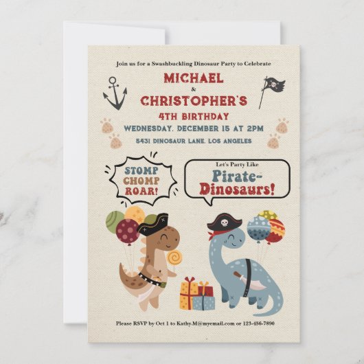 Stomp Chomp Roar Dinosaur Pirate Twin Boy Verjaard Kaart (Voorkant)