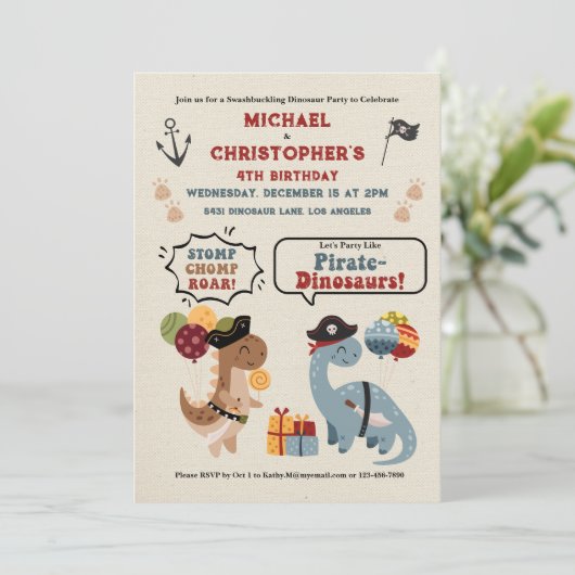Stomp Chomp Roar Dinosaur Pirate Twin Boy Verjaard Kaart (Staand voorkant)