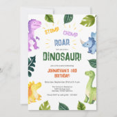 Stomp Chomp Roar Dinosaurus 3e Verjaardagsfeest Kaart (Voorkant)