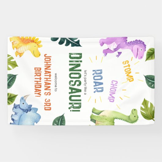 Stomp Chomp Roar Dinosaurus 3e Verjaardagsfeest Spandoek (Horizontaal)