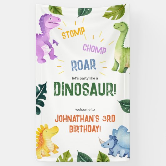 Stomp Chomp Roar Dinosaurus 3e Verjaardagsfeest Spandoek (Verticaal)