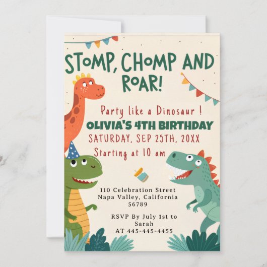 Stomp Chomp Roar Dinosaurus Boy's Verjaardagsfeest Kaart (Voorkant)