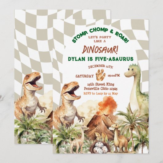 Stomp Chomp Roar Dinosaurus Kind verjaardagsfeestj Kaart (Voorkant / Achterkant)