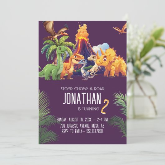 Stomp Chomp Roar Dinosaurus Verjaardag Kaart (Staand voorkant)