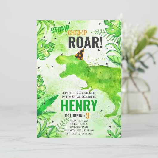 Stomp Chomp Roar Dinosaurus Verjaardag Kaart (Staand voorkant)