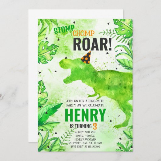 Stomp Chomp Roar Dinosaurus Verjaardag Kaart (Voorkant / Achterkant)