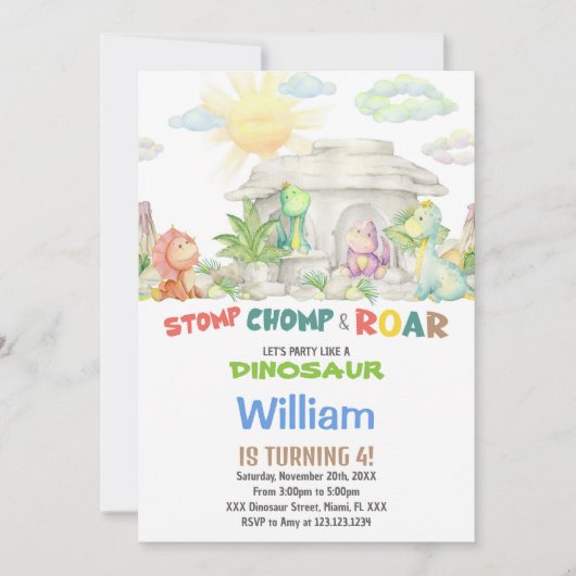 Stomp Chomp Roar Dinosaurus Verjaardag uitnodiging (Voorkant)