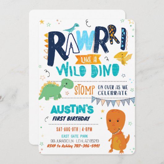 Stomp Chomp Roar Dinosaurus Verjaardag uitnodiging (Voorkant / Achterkant)