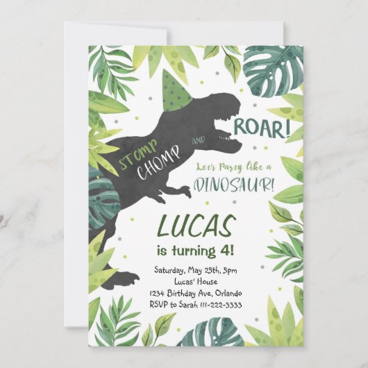 Stomp Chomp Roar Dinosaurus Verjaardag uitnodiging (Voorkant)