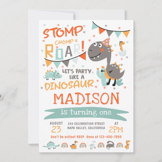 Stomp, Chomp & Roar Dinosaurus Verjaardagsfeest Kaart (Voorkant)