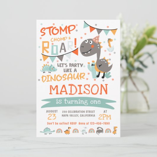 Stomp, Chomp & Roar Dinosaurus Verjaardagsfeest Kaart (Staand voorkant)